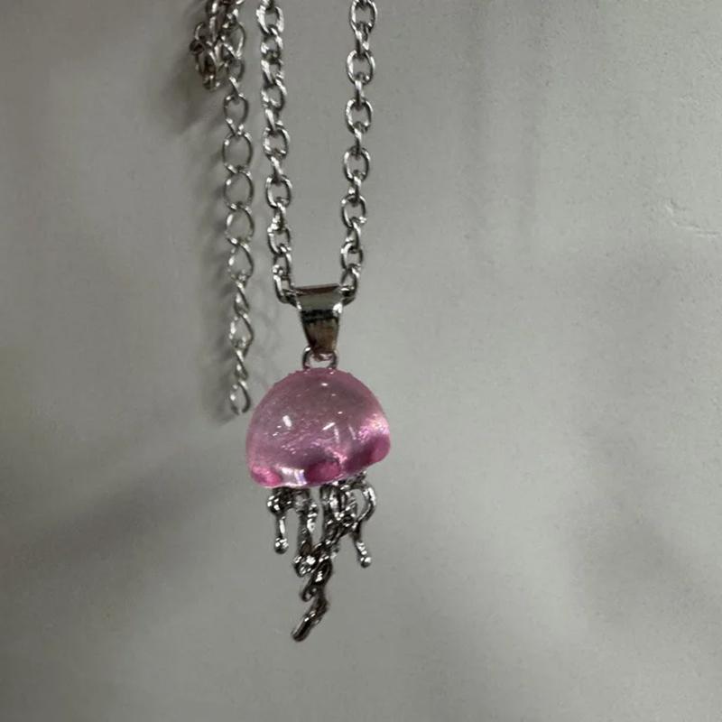 Dreamy Blue pink Jellyfish Pendent Necklace For Women Vintage Couple Elegant Long Tassels Charms Necklace Simple Jewelry