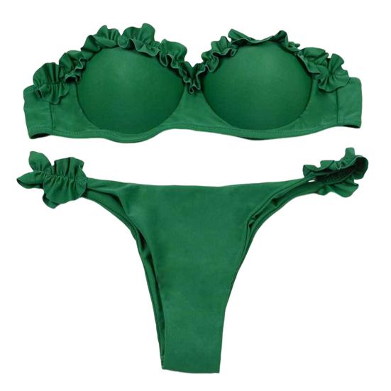 2Pcs/Set Women Summer Bikini Set Bandeau Ruffle Trim Bra Mid Rise Briefs Set Push Up Bathing Suit Split Design Swimsuit