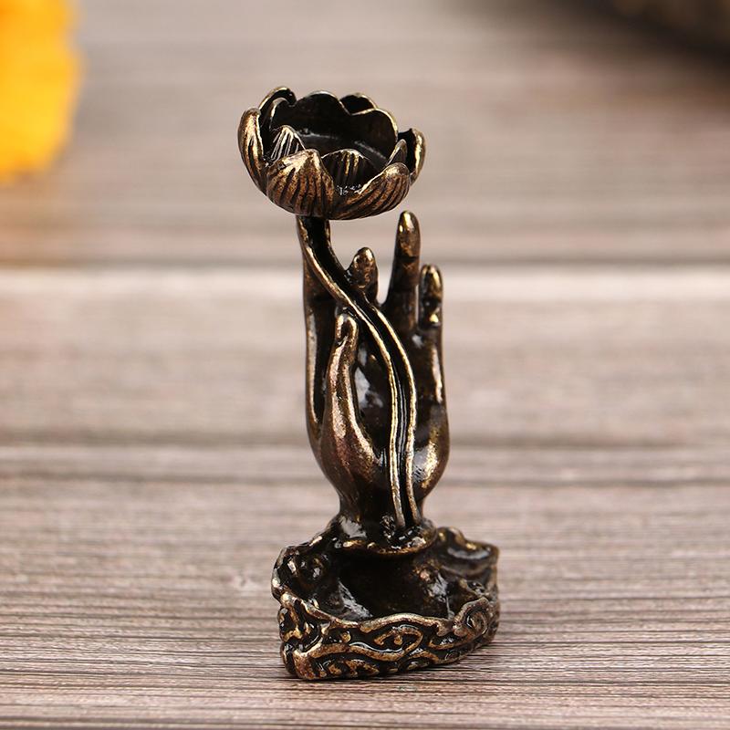 1Pc Vintage Buddha Hand Lotus Incense Burner Metal Backflow Incense Holder For Home Room Creative Tea Table Decor