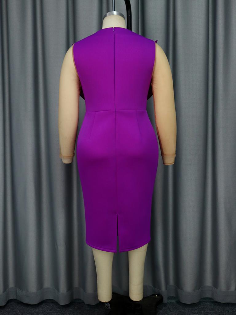 AOMEI Purple Midi Dresses Women O Neck Long See Through Sleeve Empire Evening Cocktail Party Dress