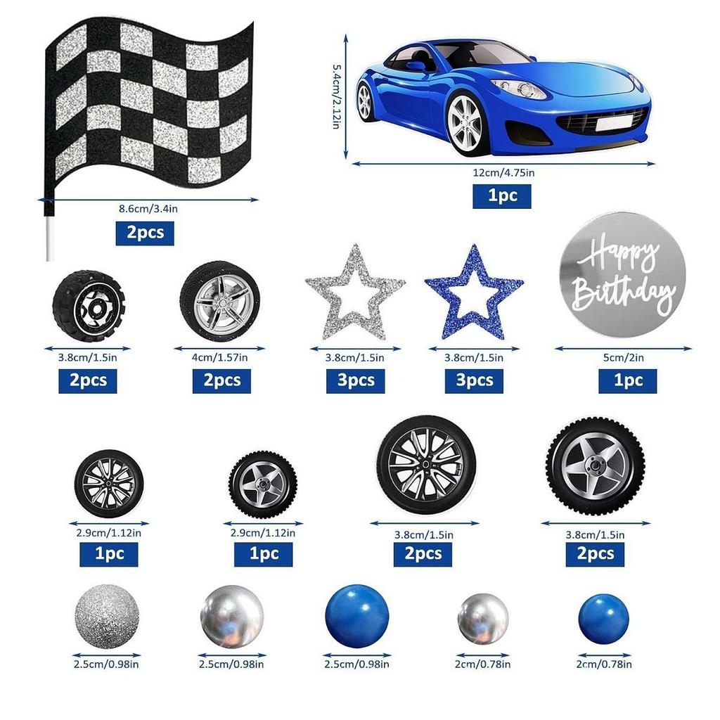 Racing Birthday Cake Topper Set Blue Car and Tyre Decor with Flags for Boy Children Party Supplies and Decorations