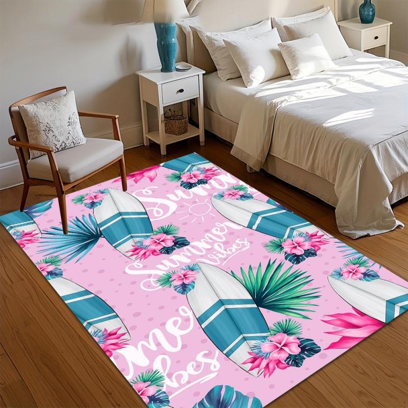 Boho Gradient Hibiscus Palm Leaf Area Rug Tropical Flower Banana Foliage Print Non Slip Carpet Bedroom Coastal Vacation Decor