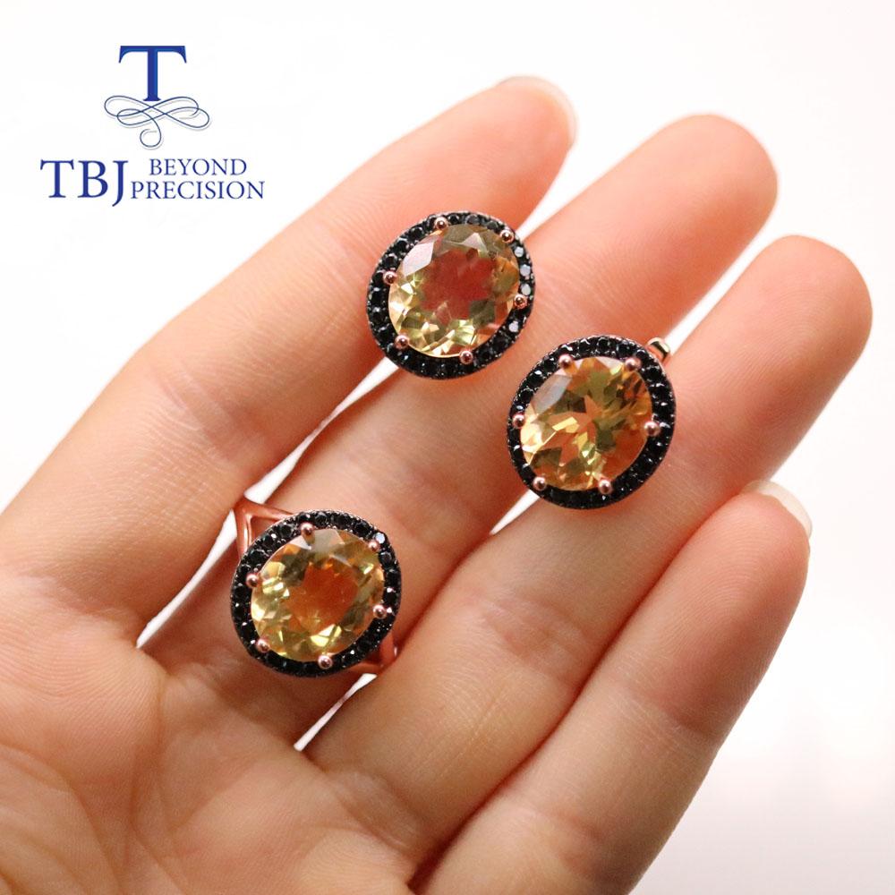 Natural Citrine Gemstone Jewelry Set 925 Sterling Silver Ring Clasp Ring Earring Black Spinel Fine Jewelry for Women Nice Gift