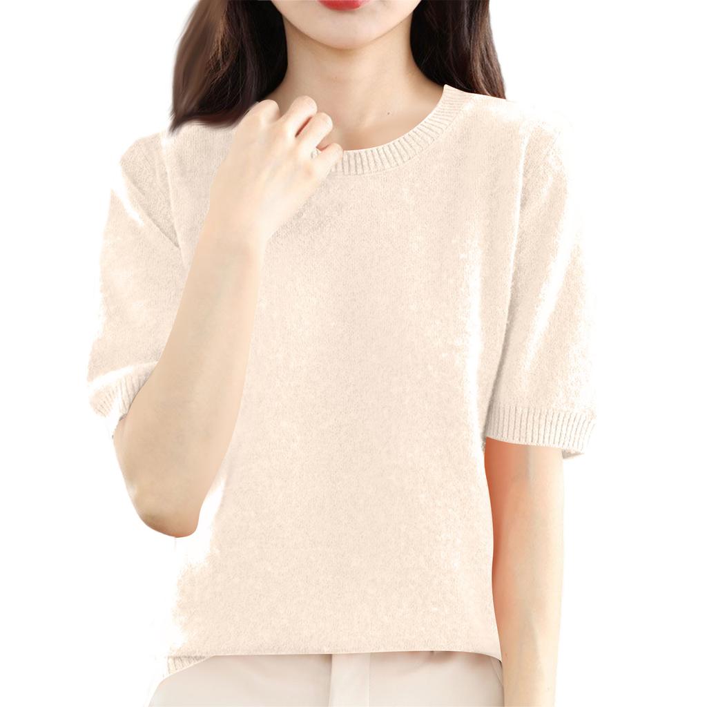 Women's Fashion Wool Knit Half Sleeve Round Neck Solid Colour Bottom Shirt Knitted T-Shirt Top