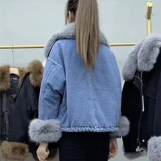 Зимняя женская джинсовая куртка с отделкой из искусственного меха, длинные рукава, карманы с подкладкой из толстого плюша, утепленное ветрозащитное пальто средней длины