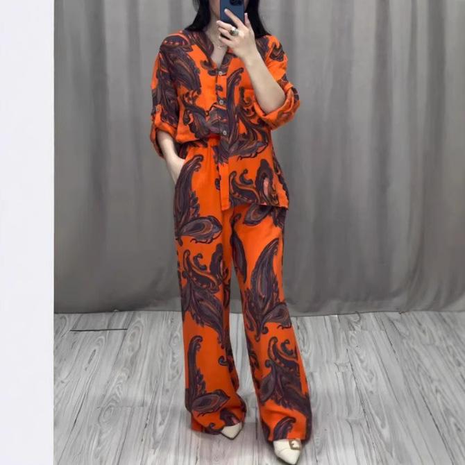 Женский комплект из 2 предметов с винтажным принтом, весенняя рубашка с V-образным вырезом и длинными рукавами, широкие брюки на шнуровке, летний костюм из 2 предметов на пуговицах