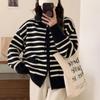 Women's Casual Knitted Sweater Autumn Korean Loose Cardigan Polo Collar Striped Fleece Versatile Warm Zip-up Sweater Outerwear
