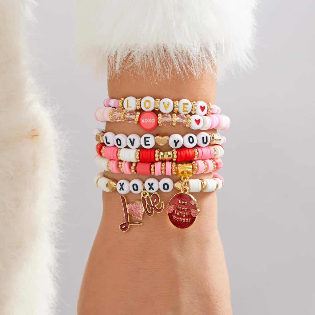 Fashion 6pcs/set Y2K Pink Beads Polymer Clay Bracelets Set for Women Girls LOVE Heart Pendant Gifts for Lovers Jewelry