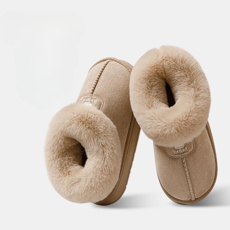 Женские зимние тапочки из хлопка с каблуком-мешком, высокие зимние сапоги из плюша с интегрированным мехом и теплая домашняя хлопковая обувь