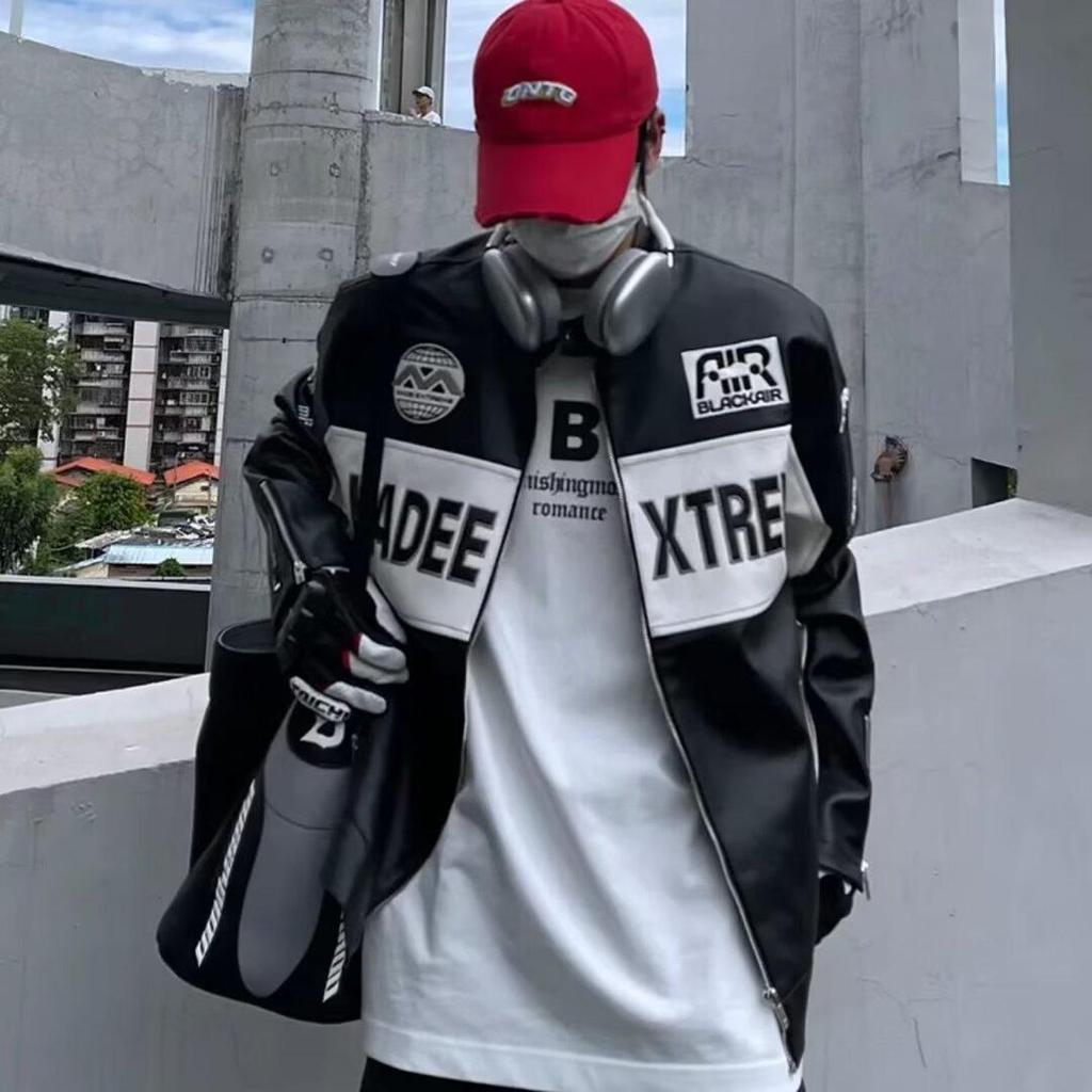 Cross-border American Retro PU Leather Racing Zipper Moto Embroidered Baseball Jacket - Trendy Brand Loose-Fit Dual Jacket