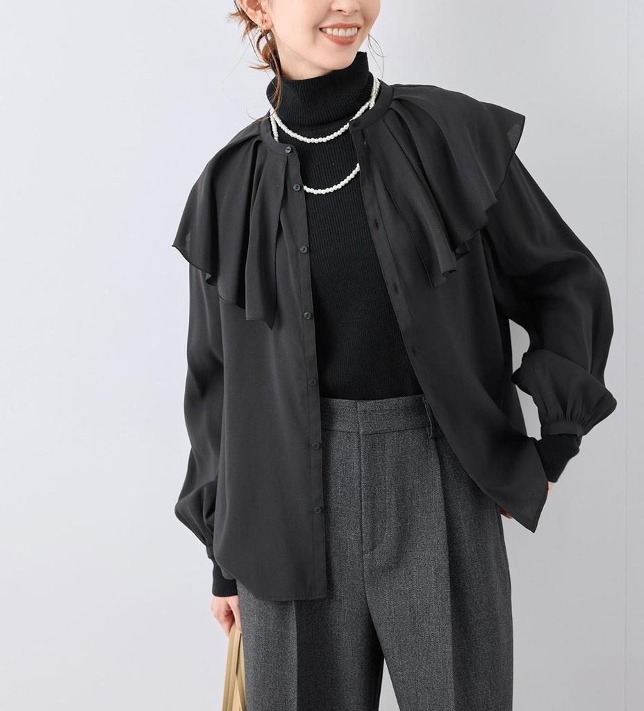 ROPE PICNIC Frill Collar Black Women's Blouse, (01)