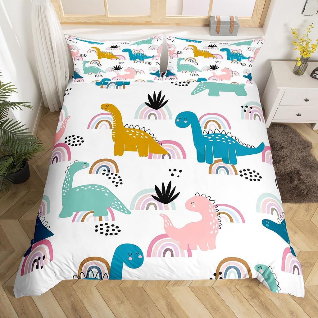 Kawaii Dinosaur Duvet Cover Set Cartoon Animal Theme Bedding Set For Kids Teenagers Bedroom Decor Double Queen King Quilt Cover