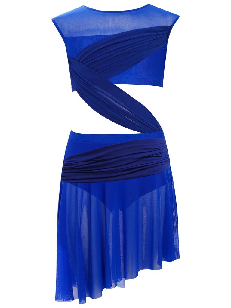 Платье для лирического танца для девочек, цельное, без рукавов, с прозрачной сетчатой вставкой, лоскутное, с асимметричным подолом, костюм для выступления