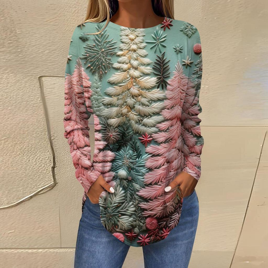 Женская свободная футболка с круглым вырезом и длинными рукавами с принтом в стиле ретро, пуловер на Рождество
