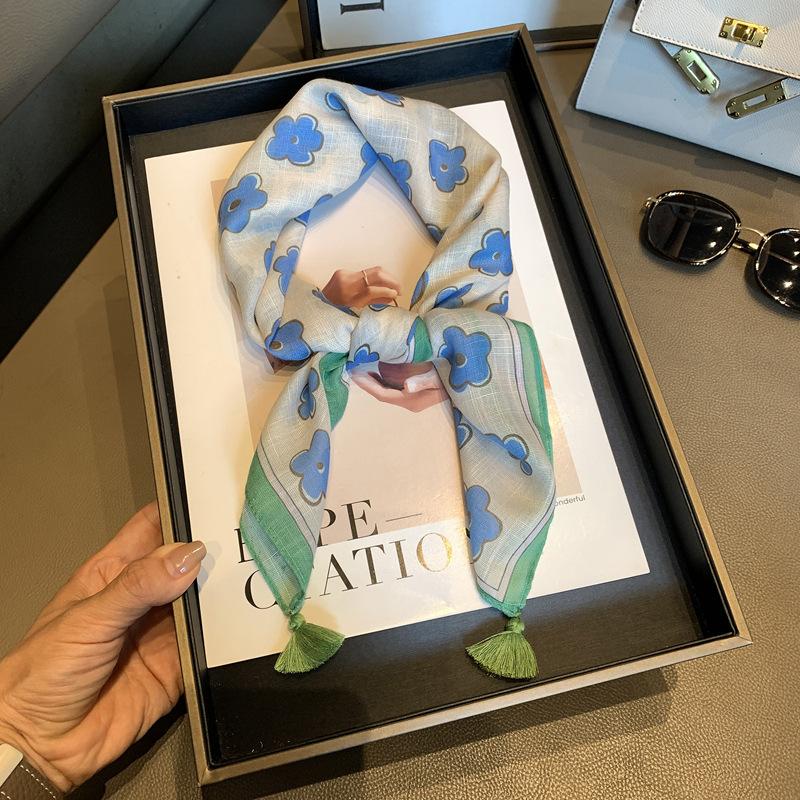 French Pastoral Cotton And Linen Small Silk Scarf, Foreign Style With Ears Square Scarf, Women'S Spring And Summer Thin Ins Scarf Printing