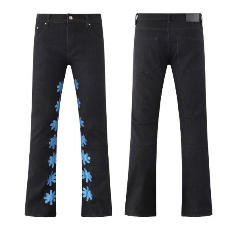 Unisex Streetwear Straight Cut Denim Jeans With Embroidered Patch Vintage Washed Cotton Blend