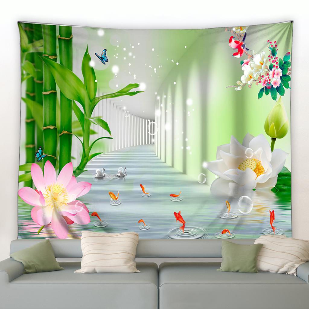 Натуральный цветок карп сад пейзаж настенный декор гостиная спальня спальня спальня гобелен лотос зеленый бамбук дзен