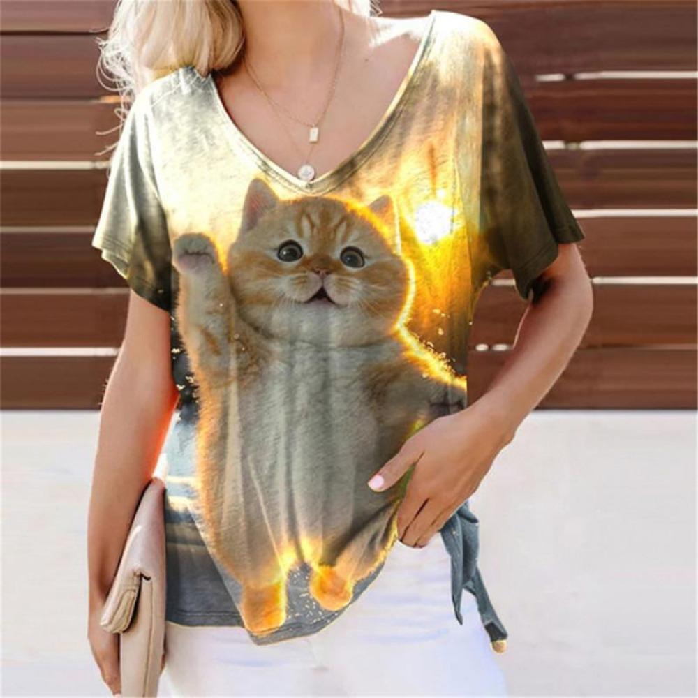 Летние милые футболки с 3D-принтом кошек, женские повседневные футболки с V-образным вырезом и коротким рукавом, Y2k, харадзюку, футболки с животными, свободные топы, женская одежда