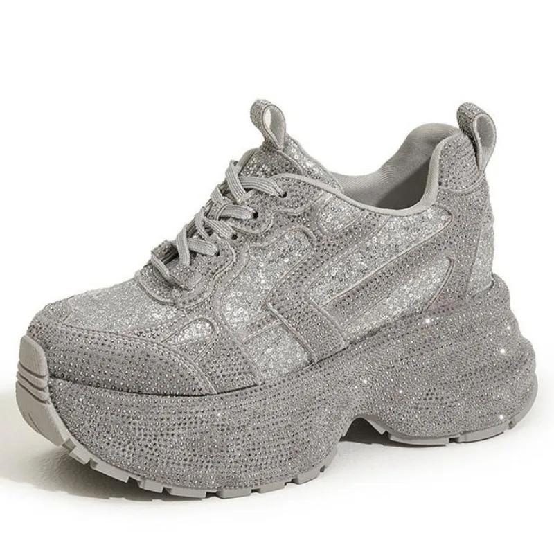 Модная женская обувь со стразами, осенняя, модная и универсальная, с увеличением внутренней высоты, женская обувь на толстой подошве, повседневная спортивная обувь