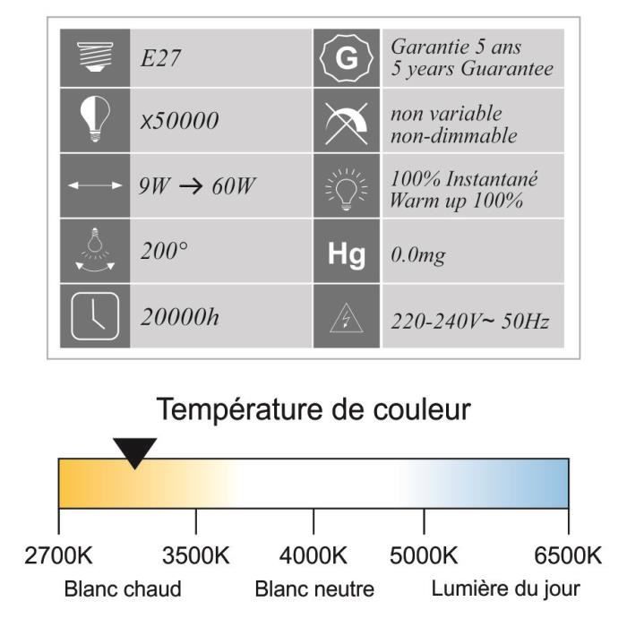 Ampoule LED - ARCOTEC - E27 9W 806Lm 3000K - Garantie 5 ans