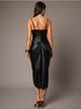 2025 Chic European & American PU Leather Spaghetti Strap Ruched Waist Slit Dress