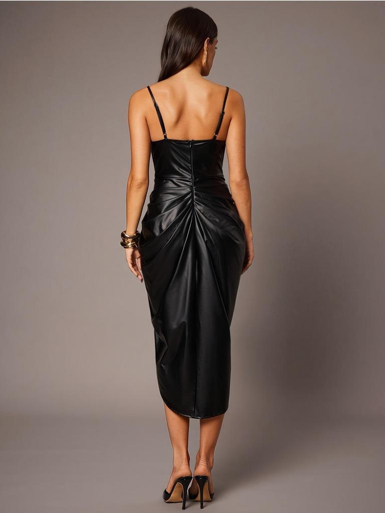 2025 Chic European & American PU Leather Spaghetti Strap Ruched Waist Slit Dress