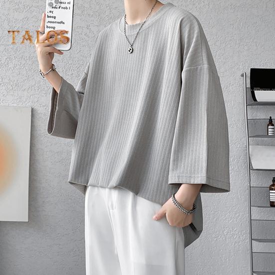 Men's Round Neck T-shirt Three-Quarter Length Sleeves Solid Color T-shirt Casual Style Loose Fit Tee Shirt for Street Travel Vacation