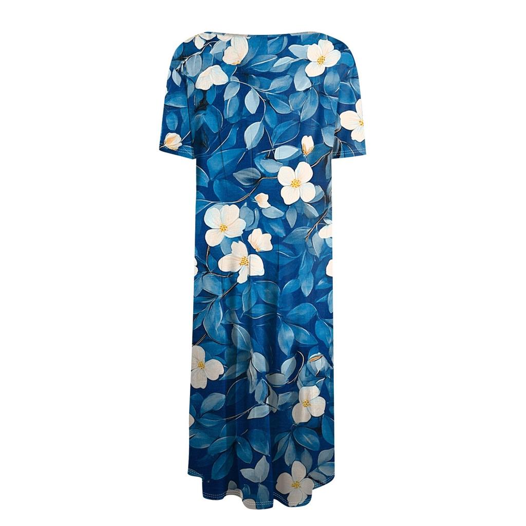 Женское свободное повседневное и модное платье с круглым вырезом и короткими рукавами, средней длины с принтом