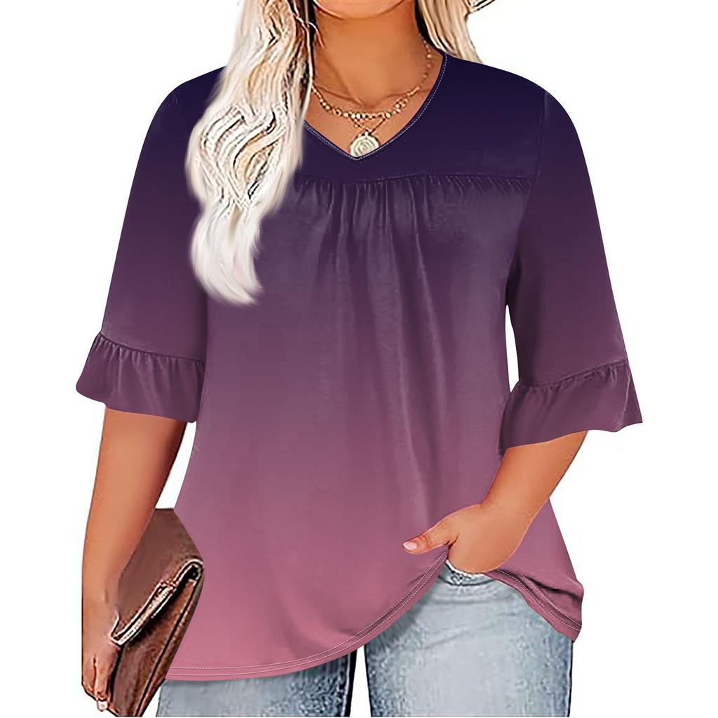 Женская мода, повседневная плиссированная футболка с v-образным вырезом и принтом, семиминутная футболка с рюшами и рукавами, топы больших размеров