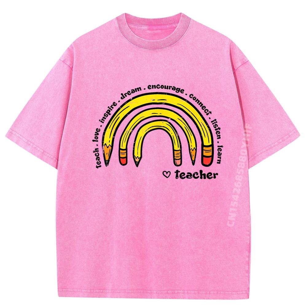 Rainbow Pencils Heart Teacher Teach Love Inspire Graphic T Shirts 100 Cotton Washed New In Tops Tees