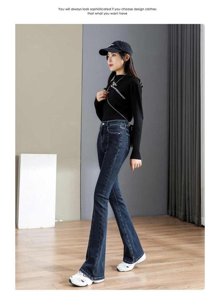 Женские джинсы скинни с микро-клешем и высокой посадкой - Весенне-осенняя мода, стрейч, сине-серые, на флисовой подкладке.