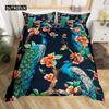 Peacock Duvet Cover Set Microfiber Gorgeous Blue Feather Comforter Cover Pink Flower Soft 2/3Pcs Birds Animal Theme Quilt Cover