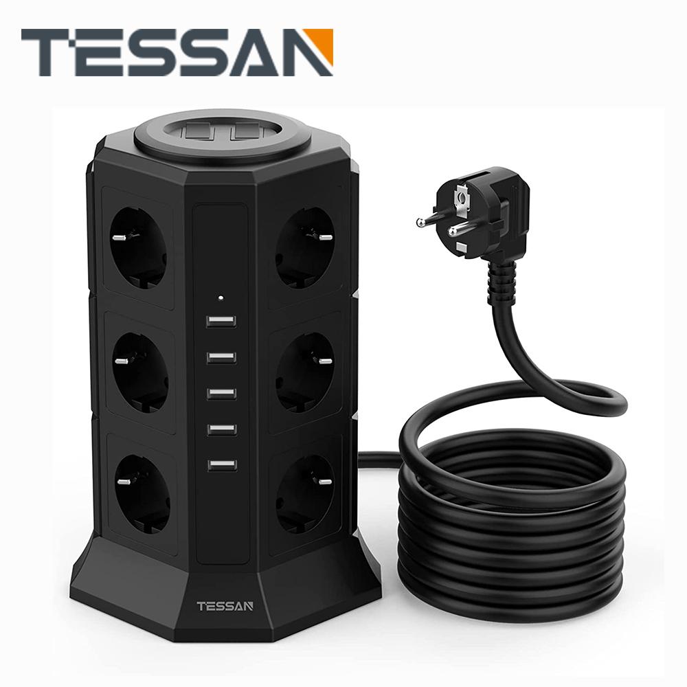 Tessan Удлинитель с несколькими розетками, 11/12 розеток, 3/5 портов USB, удлинительная розетка европейского стандарта с кабелем длиной 2 м, переключатель защиты от перегрузки для дома, офиса