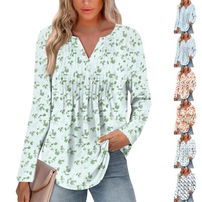 Женская Мода Повседневная Плиссированная Футболка с V-образным Вырезом Однотонная с Длинным Рукавом Элегантные Топы