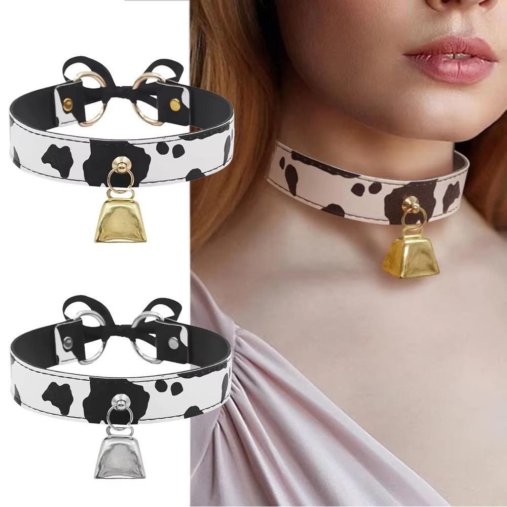 Fashion Leather Choker Cow Print Adjustable Bell Collar Bow Necklaces