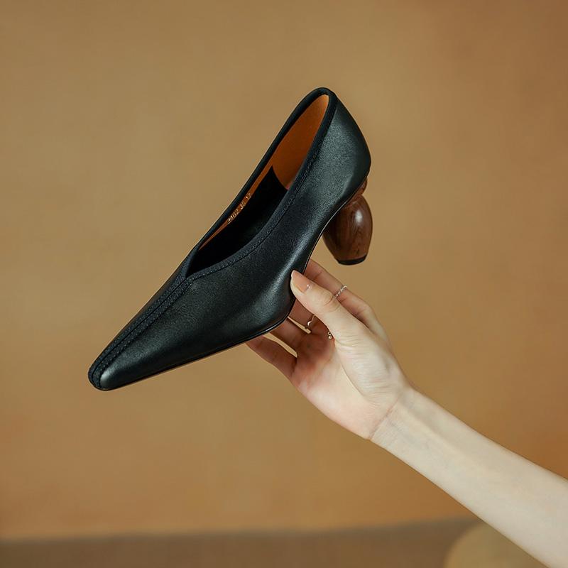 2024 Новые женские туфли-лодочки весна-лето для офиса, вечеринки, свадьбы, необычные каблуки с острым носком, натуральная кожа, женская элегантная мода