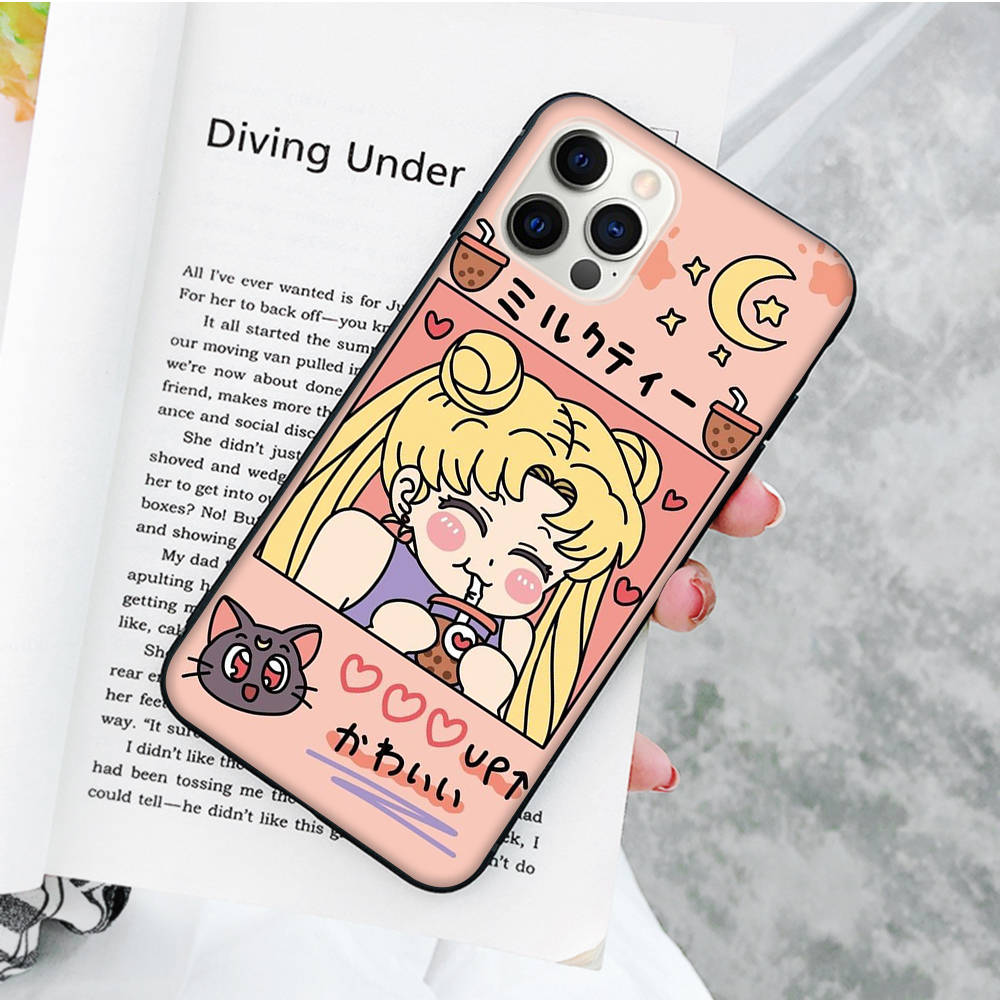 Мягкий черный чехол JW88 Sailor Moon для iPhone 16 15 Plus 14 13 Pro 8 SE XR XS Max P30 Nova 5T Y5P Y6 Y7 Y8P Y9 Realme C30 C33 C31 VIVO Y36 V27