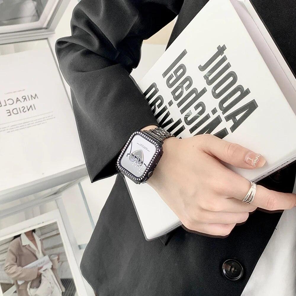 Чехол с бриллиантами + ремешок для Apple Watch Series 8, 7, 41 мм, ультра, 49 мм, 45 мм, ремешок из нержавеющей стали для iwatch 9 se 6, 5, 4, 3, 40 мм, 44 мм, 38 мм, 42 мм, металлический ремешок для часов