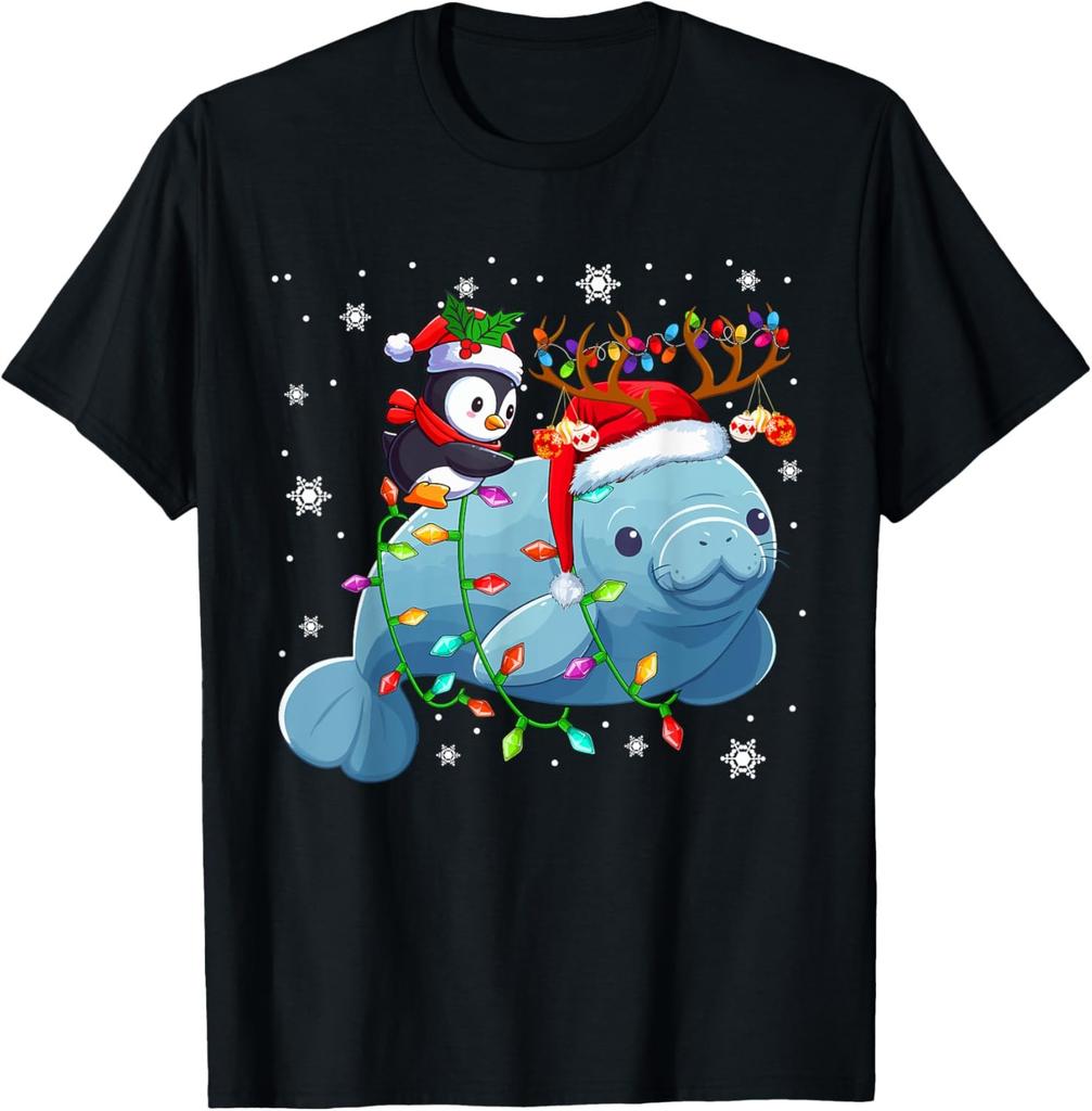 Santa Penguin Riding Reindeer Manatee Christmas Sea Animals T-Shirt
