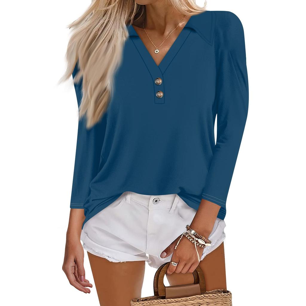 Женская летняя модная повседневная однотонная рубашка с v-образным вырезом и воротником на пуговицах с семиточечным принтом, топ
