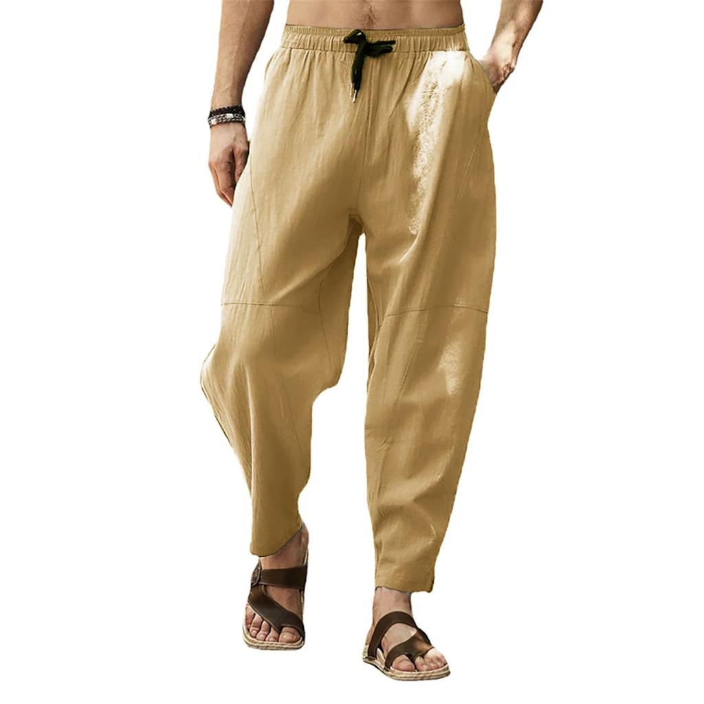 Мужские повседневные свободные и удобные повседневные брюки, хлопковые льняные брюки на шнуровке