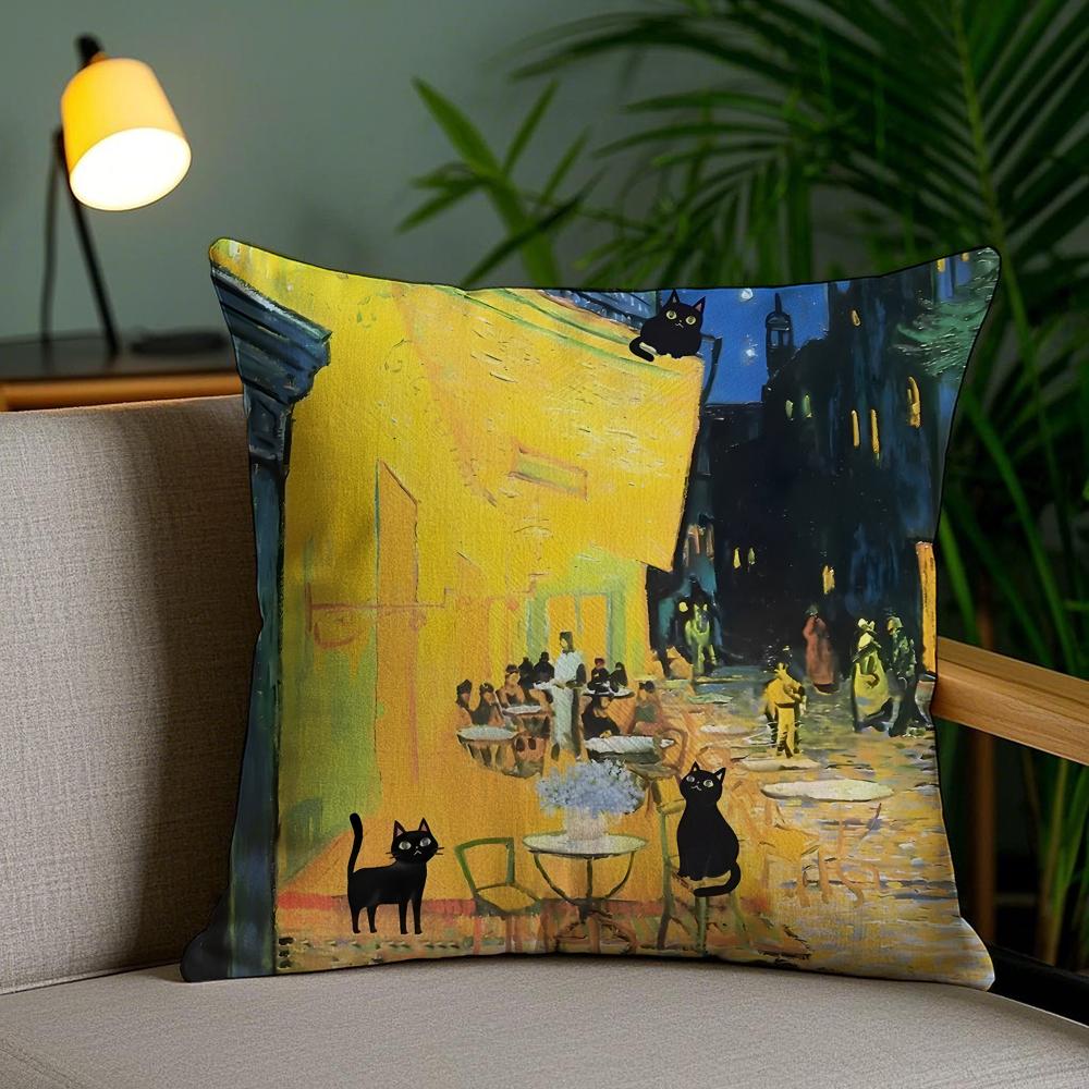 Cute Black Cat Oil Painting Cushion Cover Plush Fabric DoubleSided Printed Invisible Zipper Sofa Pillow Case Home Bedroom Decor