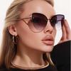 2pcs Frameless Large Cat Eye Sunglasses Gradient Lens Sun Glasses Trendy Metal Frame Eyeglasses Women Shades Men UV400