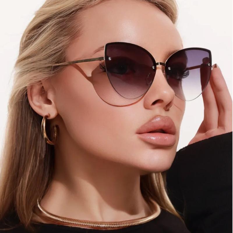2pcs Frameless Large Cat Eye Sunglasses Gradient Lens Sun Glasses Trendy Metal Frame Eyeglasses Women Shades Men UV400