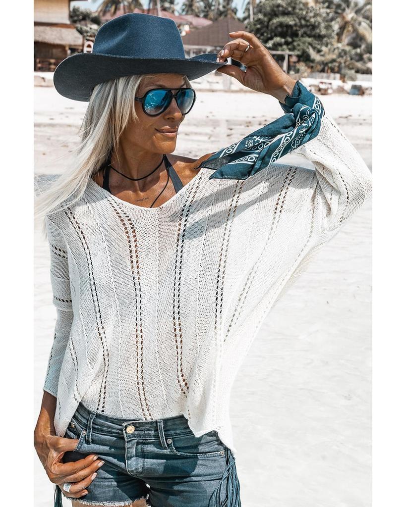 Azura Exchange Белый вязаный свободный свитер с V-образным вырезом и ажурными деталями