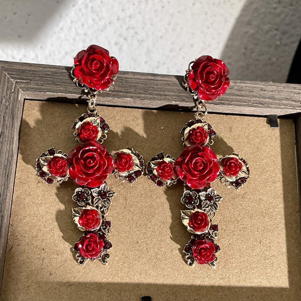 Эстетичные хрустальные серьги-пусеты, длинные серьги-пусеты в виде цветка, винтажные серьги с розой и крестом, для вечеринки