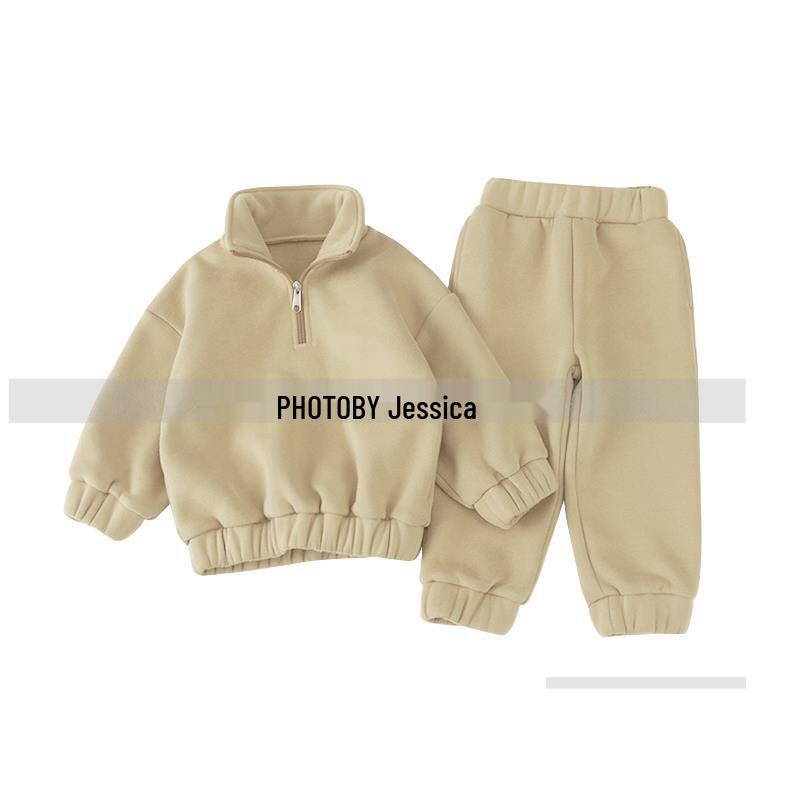 Зимний флисовый комплект в корейском стиле: Топ с высоким воротом на молнии до половины и джоггеры для мальчиков и девочек