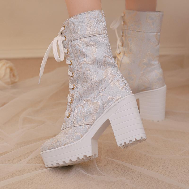 Round Toe Platform Super High Thick Heel Floral Lolita Style Girl's Mid-Calf Boots Breathable Lining Autumn New Sweet Boots