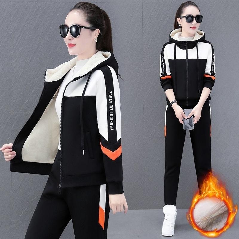 Осенне-зимний женский утолщенный спортивный костюм на флисовой подкладке, толстовка с капюшоном, комплект из двух предметов, теплая одежда