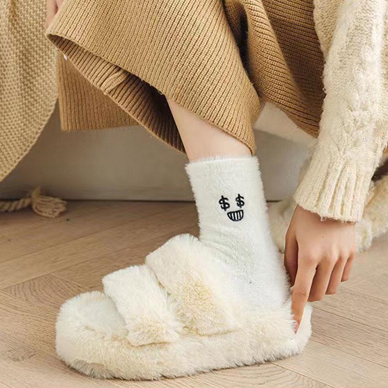 Women Funny Socks White Winter Warm Socks Smile Cute Kawaii Anime Floor Socks Lolita Y2k Thicken Fuzzy Socks
